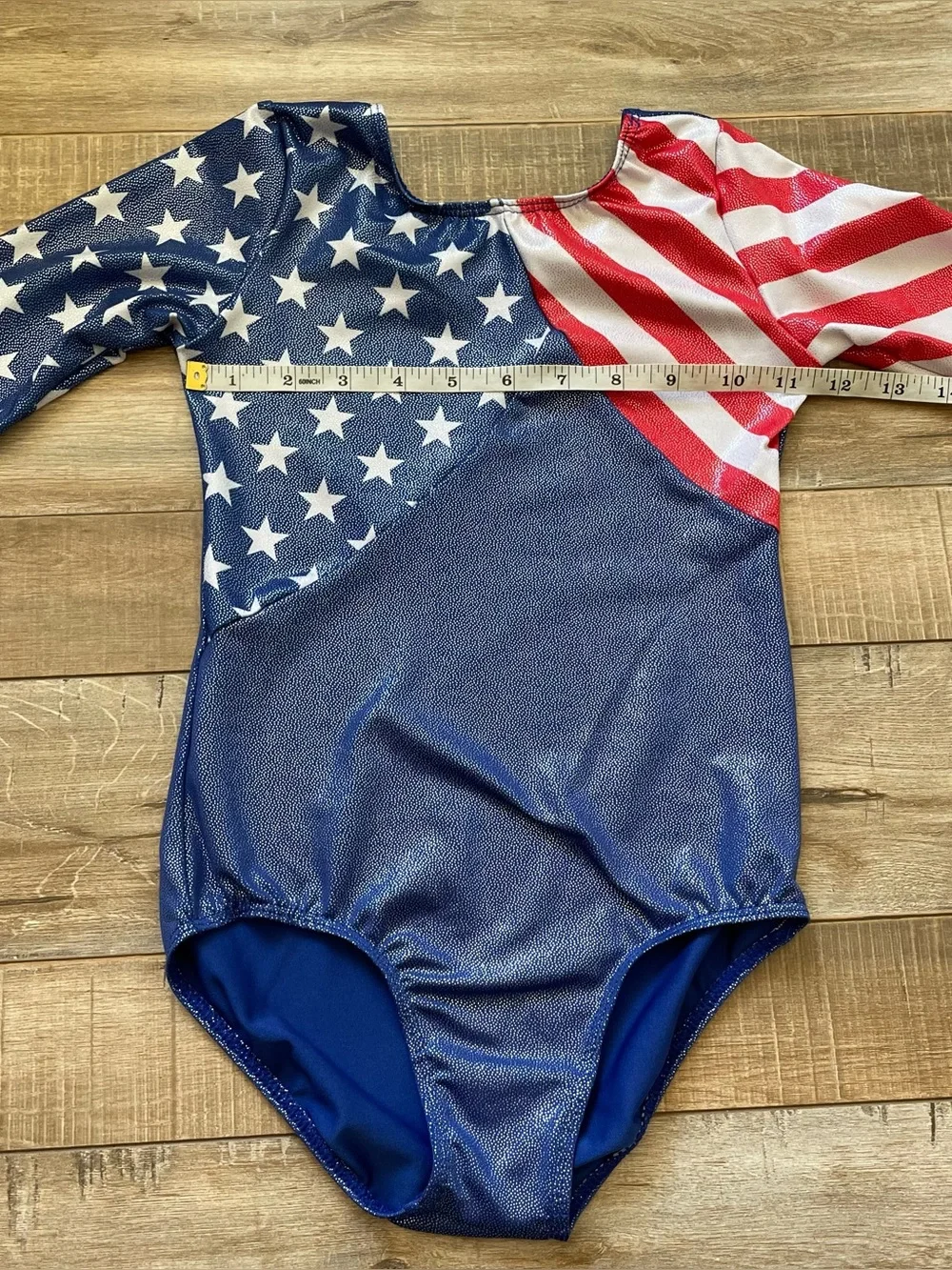 Girls Gymnastics Leotard Size 8A USA American Flag Long Sleeve Metallic Blue